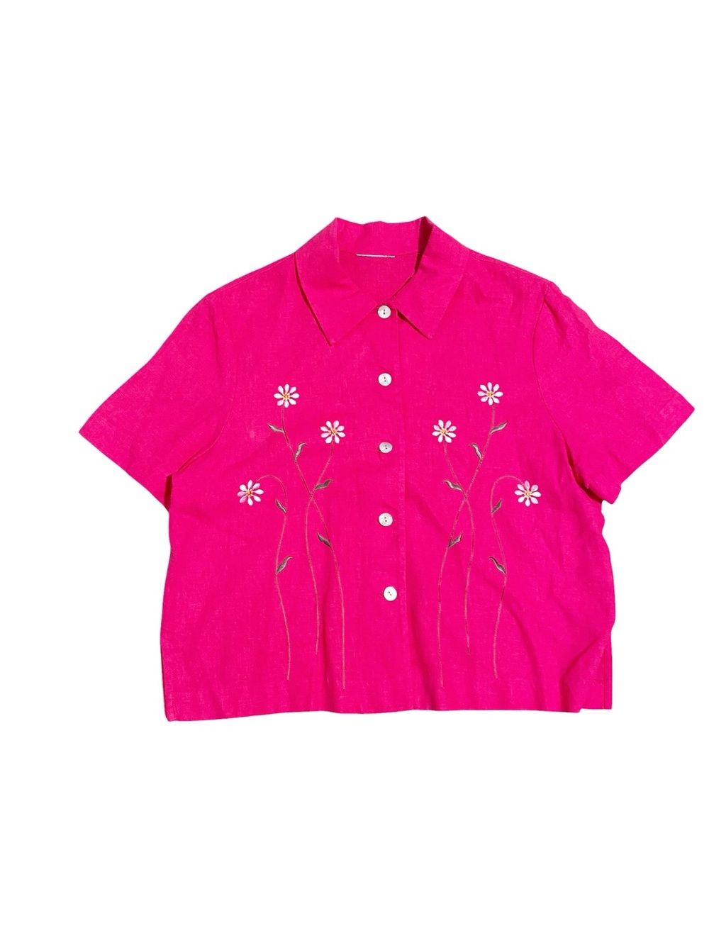 Vintage Bright Pink Boxy Linen Button-Up Top with Daisy Embroidery Size Medium